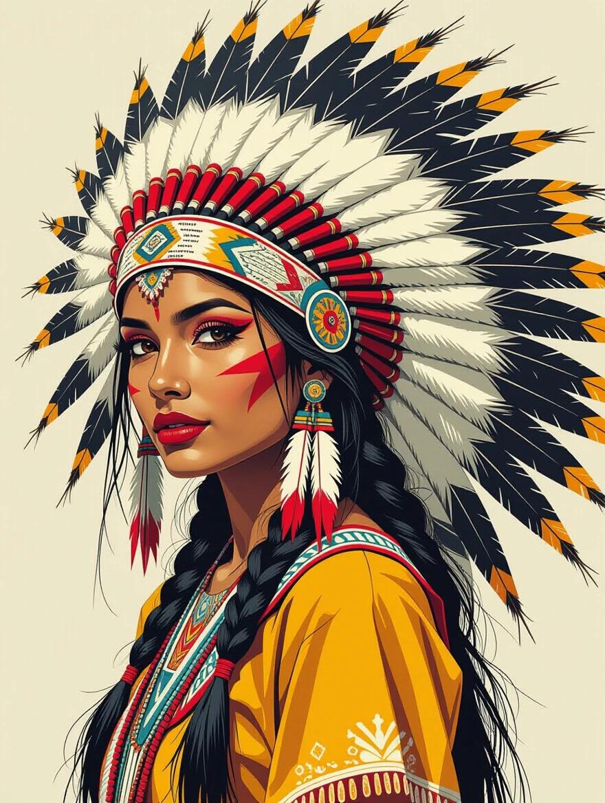 An indigenous woman dressed in a native headdress. She wears a traditional outfit with bright colors. The artwork resembles the style of comic book art. The background enhances her cultural representation.