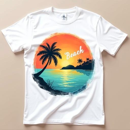 White t-shirt displayed flat. Center features vibrant circular tropical beach scene. Silhouetted palm trees frame calm ocean reflecting sunset hues. Distant landmasses on horizon. Words 'Beach' in stylized font at top right. 'Please Again.' at bottom left. Blended hand-drawn and digital illustration style.