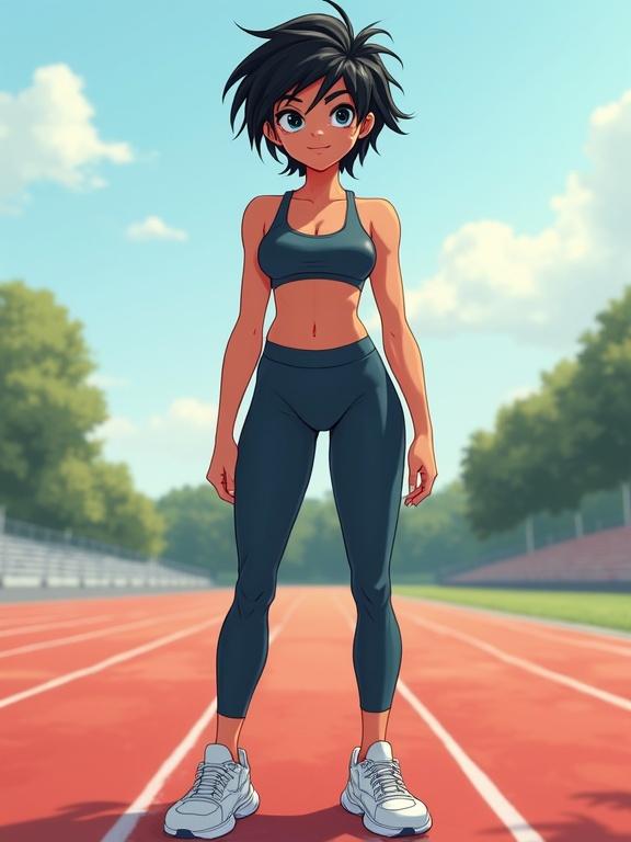 Full body portrait of a teenage girl with tanned skin. The girl has black messy pixie hair and blue eyes. She wears a sports bra and tight leggings. Oversized sneakers complete the look. The background features a track field with soft lighting.