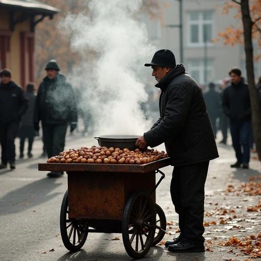 A street vendor pushes a rusted cart. The cart is filled with roasted chestnuts. Steam curls from an iron pot. The atmosphere is chilly and autumnal. Surrounding are people in warm clothing.
