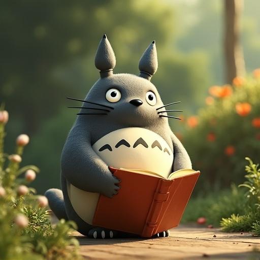 A 3D character of Totoro reading a book in a serene outdoor setting. The character is styled in a Pixar-like design with a friendly appearance. Surrounding flowers and green grass enrich the scene.