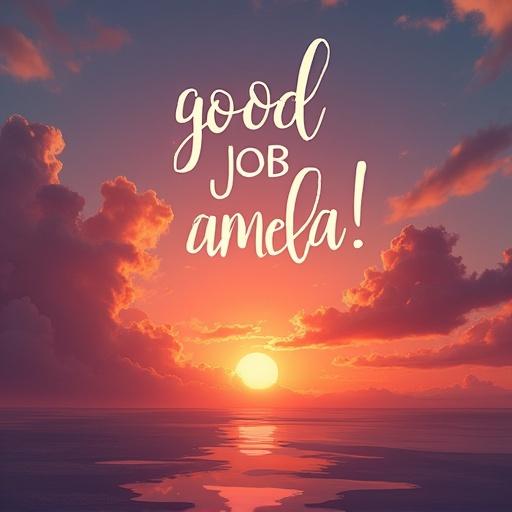 Photorealistic sunset scenery with colorful clouds. The phrase good job amelia written in the sky with a cloud style font. A serene ocean view with the sun setting in the background.