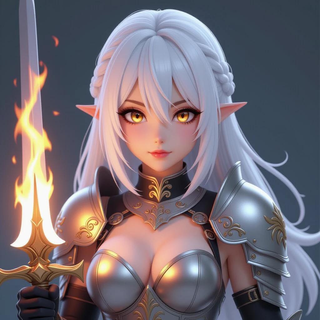 3D female anime character with white hair and golden eyes. Character looks into the camera. Wears silver breastplate. Holds a flaming sword.
