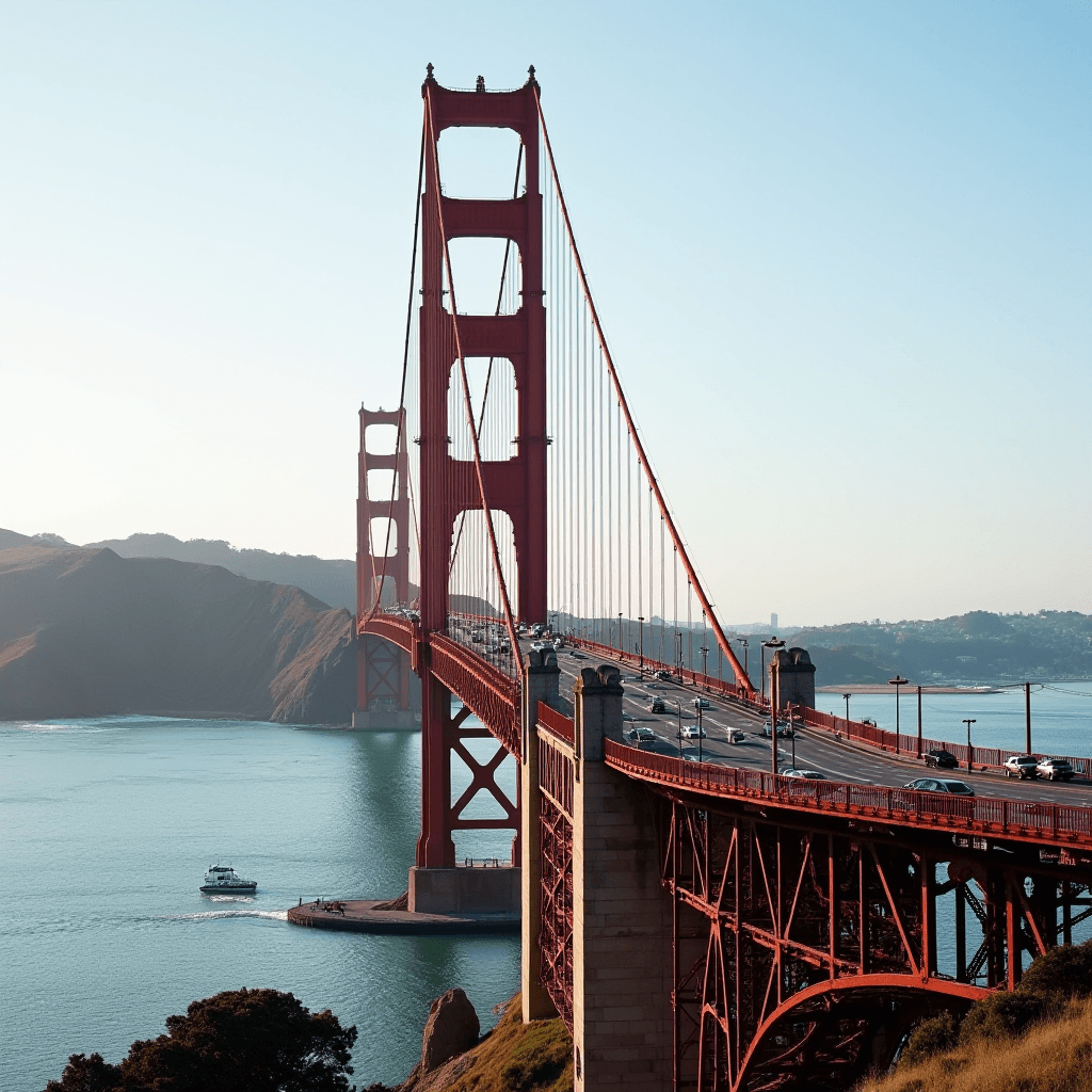 The Golden Gate Bridge stretches over a calm bay with a ferry passing beneath, framed by distant hills and a clear sky.