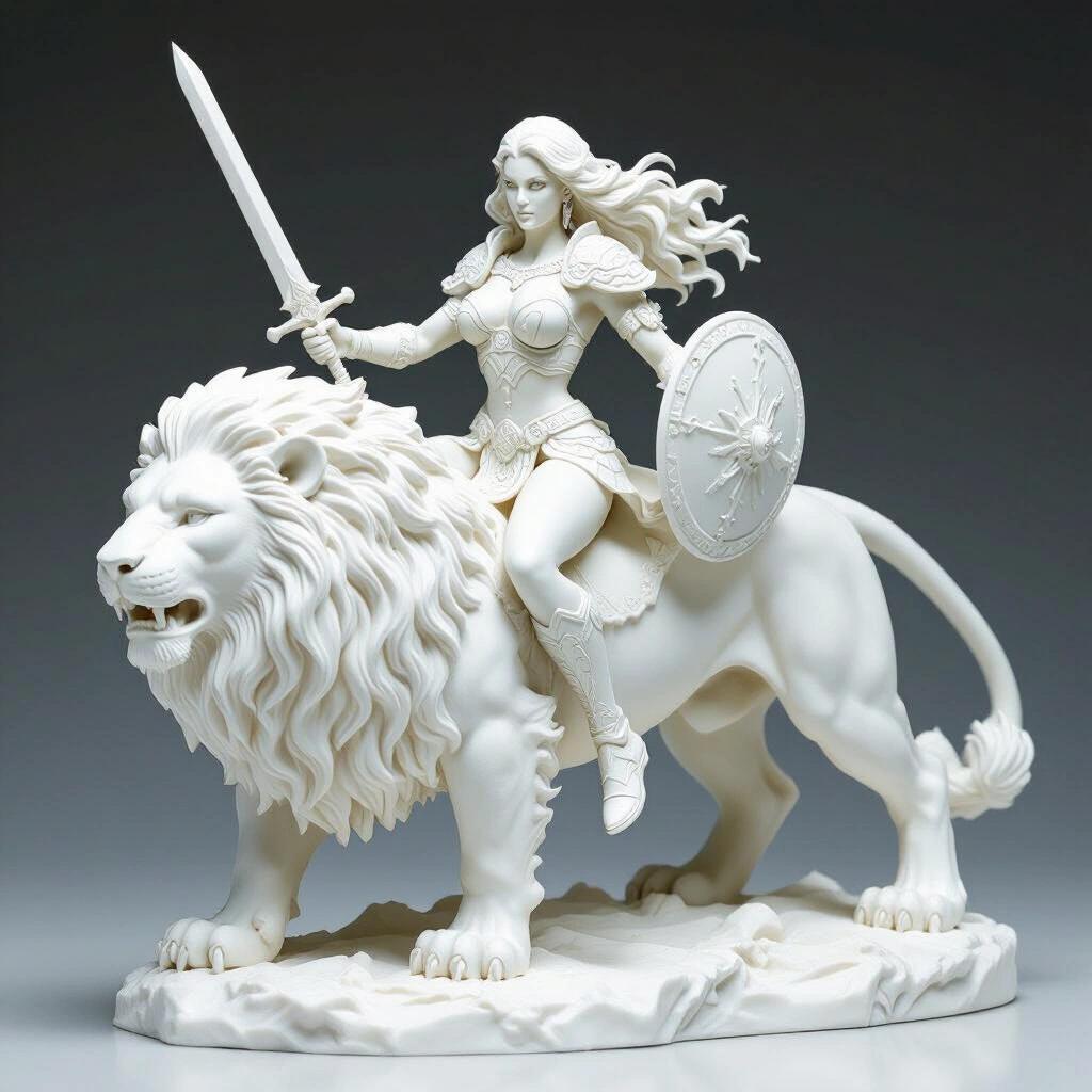 Ultra-detailed resin sculpture depiction of a fierce female goddess heroically mounted on a giant, majestic lion. The figure holds a sword and shield, embodying power. Highly detailed and suitable for resin printing, exhibiting a semi-realistic style.