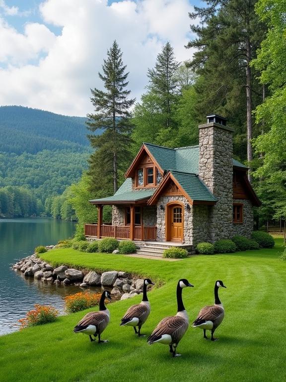 A charming stone house located next to a serene lake surrounded by green trees. Five Canada geese walking on the lawn.
