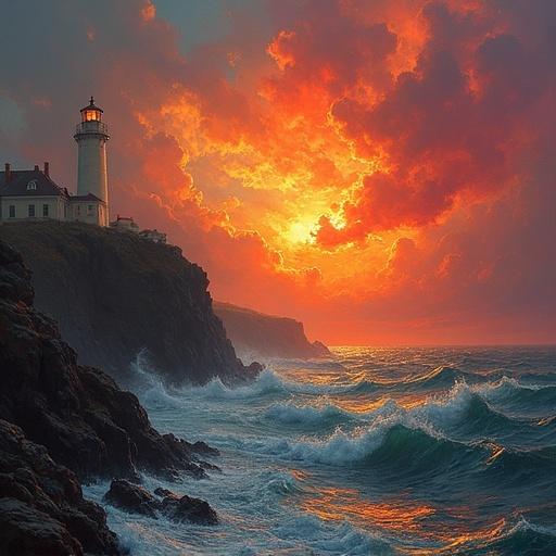 A dramatic coastline features a lighthouse glowing faintly beneath a fiery sky with glowing reds and golds. Clouds are torn by wind as the ocean churns like molten steel. The scene evokes Turner's epic lightscape with expressive brush energy and a sense of poetic melancholy.