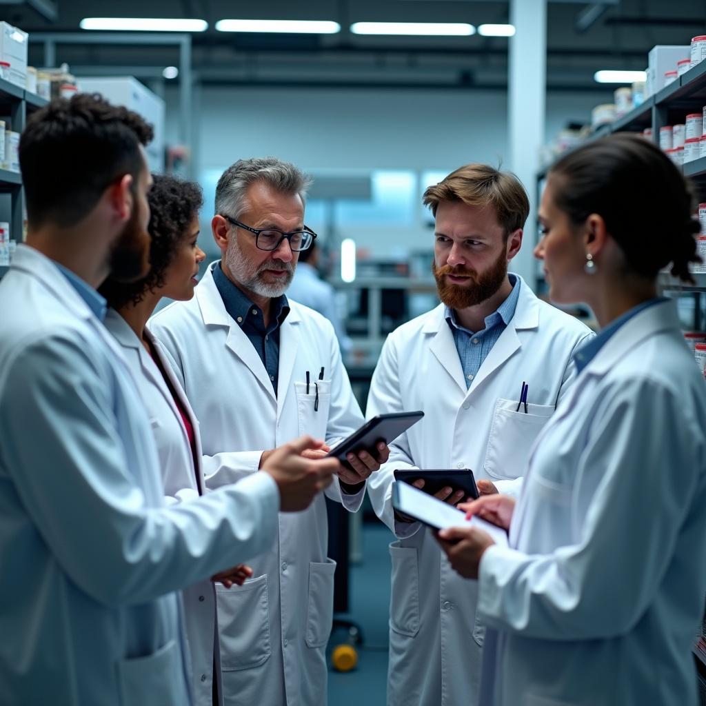 In a modern laboratory, a diverse group of scientists is engaged in an animated discussion. They are surrounded by shelves filled with scientific equipment and screens displaying data. Each scientist is wearing a crisp white lab coat, indicating professionalism. The focus is on the digital tablets they are holding, sharing information and insights. The room is well-lit, creating a collaborative atmosphere that fosters teamwork and innovation. This scene captures the essence of modern scientific research.