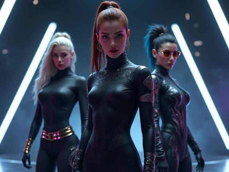 Cinematic close-up of female heroes posing in sleek sci-fi attire. A short fit slim white woman has a ponytail and holds ninja stars. A tall mixed race woman wears a tiger-pattern bodysuit and holds sleek blades. A platinum blonde woman has pigtails in a diamond patterned bodysuit. A woman with a black spandex bodysuit and metallic cuffs holds a sci-fi disk blade. An Asian woman in a tight bodysuit holds a glowing blue sword against a dark backdrop with spotlights and smooth reflections.