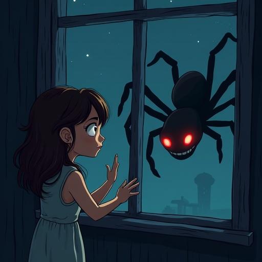 Scene of a girl looking out a window at a dark spider during the night. The spider has glowing red eyes and a menacing look. Kim is unaware. A sense of tension and mystery fills the air.