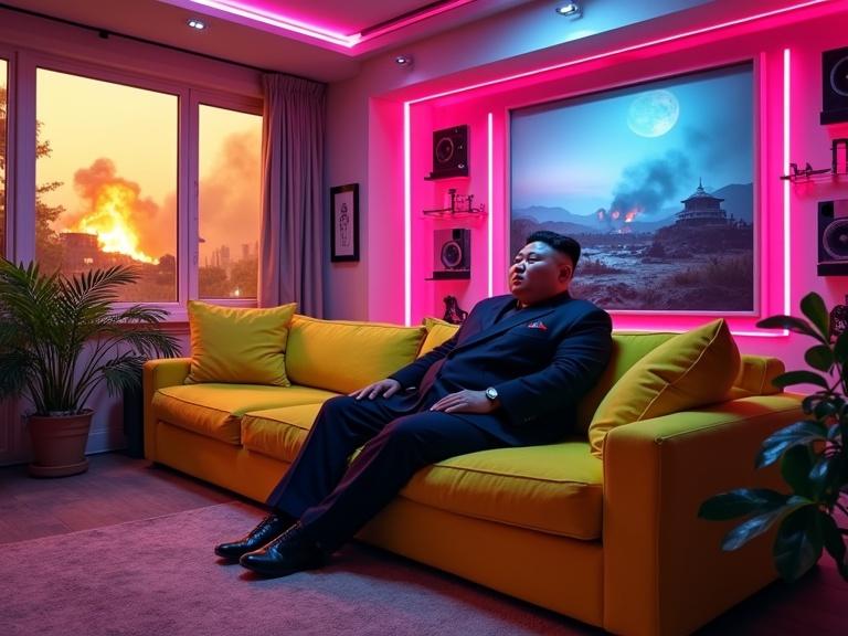 Futuristic gaming room inspired by cyberpunk design. A man sits relaxed on a bright yellow couch. The walls showcase various modern technologies. A war zone is visible outside the window. Neon lights create a vibrant atmosphere. The room contains large speakers in neon colors.