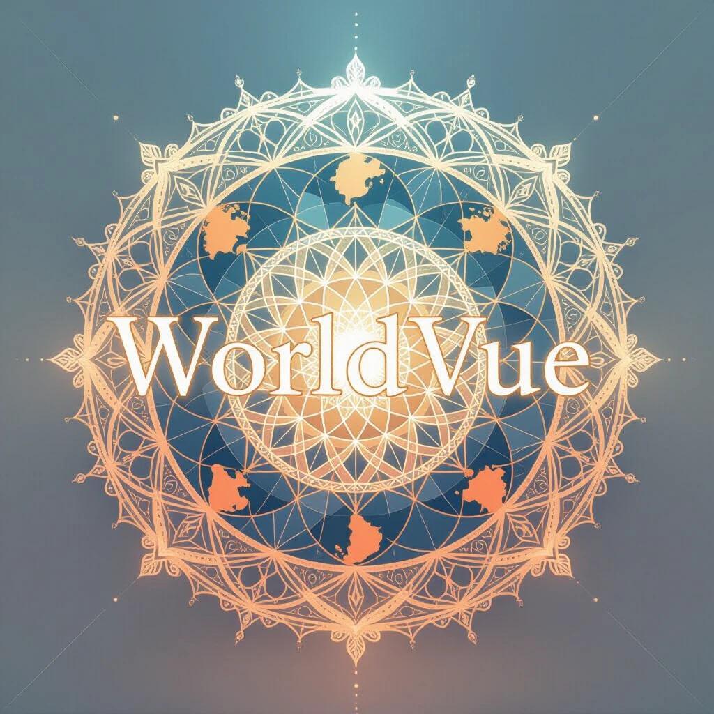 An intricate mandala with the text WorldVue integrated within. Patterns represent continents and oceans. Background features a cosmic gradient with soft light. Digital illustration with a spiritual and harmonious theme. Symmetrical and mesmerizing design.