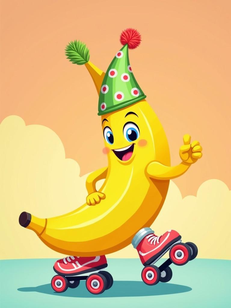 Illustration showcases a cheerful banana character wearing roller skates and a party hat. Background is bright and whimsical. Banana strikes a joyful pose with a thumbs up.