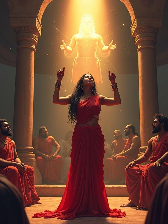 Dramatic 3D pixel art scene of Draupadi in the Kuru Sabha. Draupadi stands center royal court in torn red saree with raised hands and pained expression. Loose hair eyes full of fire and tears. Dushasana pulling saree cruelly, saree extends infinitely. Lord Krishna's glowing presence above as divine hands protect her. Elders silently ashamed, Karna Shakuni Duryodhana watching coldly. Tall shadowy Sabha pillars with harsh lighting, creating high-tension atmosphere. Detailed 3D pixel textures with divine golden glow around Draupadi.