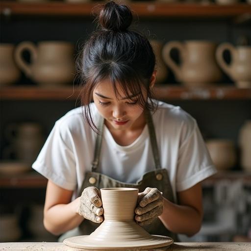 A 32-year-old Japanese-American woman shaping clay on a pottery wheel. Hands covered in mud. Hair in a messy topknot. A strand falls to her cheek. She's wearing an old apron stained with glaze. Jaw set in focus. Soft studio light catches her neck. Shelf of finished mugs blurred in background. Artistic focus realistic texture clay stains.
