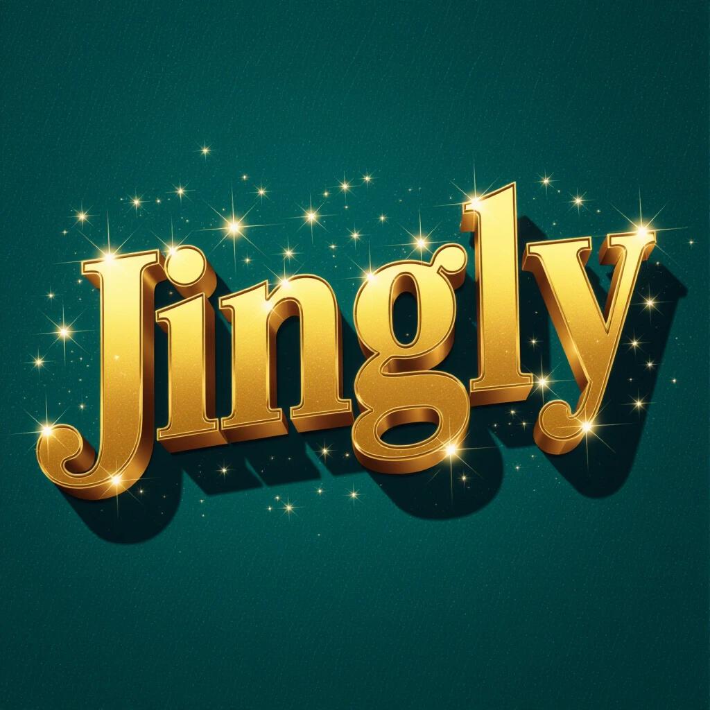 Image showcases the word Jingly in large golden serif font. Letters appear three-dimensional with metallic sheen. Sparkling light effects surround the text on a dark teal background. Subtle drop shadow adds depth.