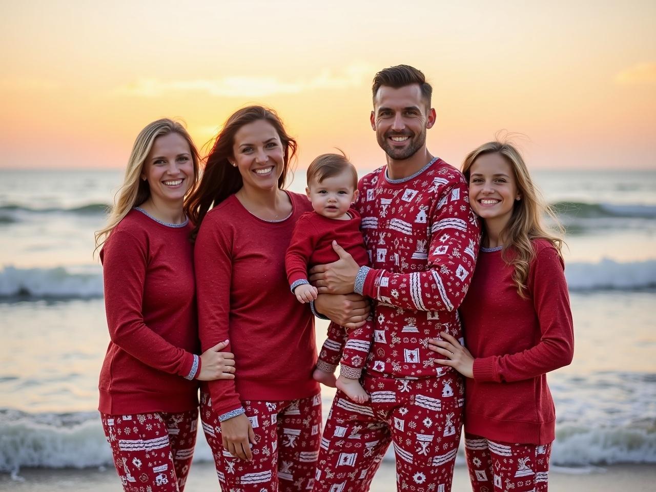 A group of five people stands together by the ocean, enjoying a beautiful sunset. They are wearing matching red and white Christmas pajamas, which have festive patterns. The adults are holding a small child, who is also wearing a coordinating outfit. The setting is peaceful, with the ocean in the background and the sky transitioning to shades of orange and pink. Everyone is smiling and posing happily, creating a warm family moment.