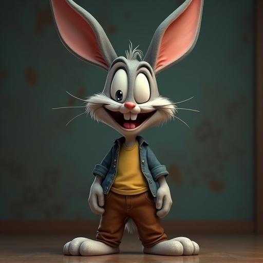 Create a highly detailed and majestic portrait of a cartoon rabbit with an evil smile. Rabbit stands wearing pants and a shirt in a Disney animation style.