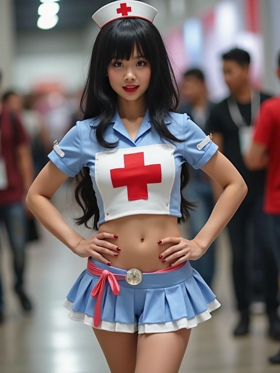 Mother wearing nurse cosplay at a cosplay convention. Black hair styled elegantly. The outfit consists of a micro skirt and a fitted top with a red cross. Slim waist showcased. Flirty smile on display. Thigh-high stockings enhance the look. Lower abdomen visible. The image has noticeable pixelation and uses bright colors typical of early social media filters.