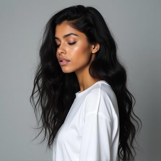 Professional studio photo of a woman model in 3/4 view. She has almond skin tone and long, wavy, voluminous jet black hair. Wearing a minimalistic white t-shirt. Light gray studio background with professional lights. Looking down with half-closed eyes turned left.