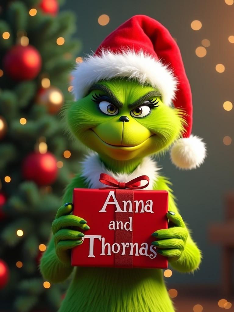 Grinch character holds a red box. The box has the names Anna and Thomas written. Background features a Christmas tree. Grinch wears a Santa hat. Image is bright and colorful.