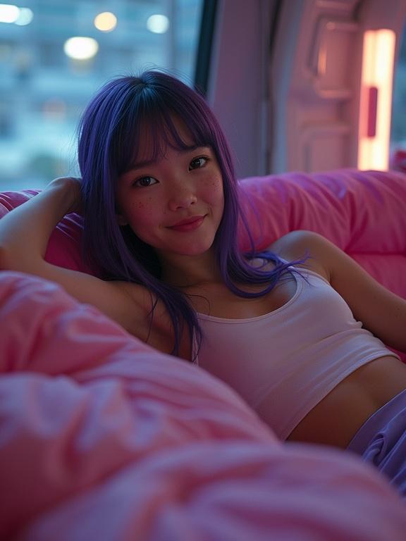 Beautiful young girl reclines on pink plastic sofa inside space craft. She wears a futuristic tank top and miniskirt. The room is styled with warm lighting. Room atmosphere is cozy and stylish. Her hair is dark violet and straight.