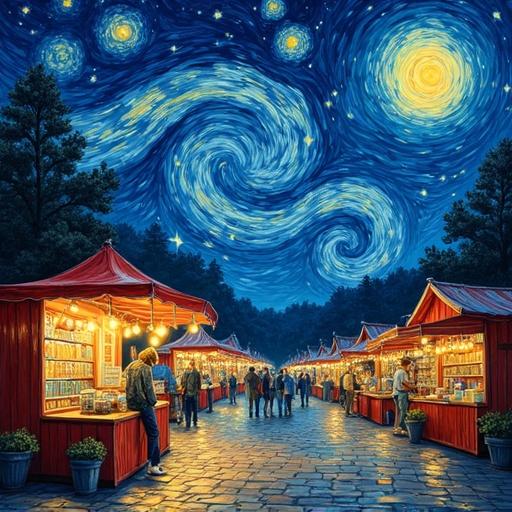 A night market under a swirling sky inspired by Van Gogh. Market stalls are glowing and animated. Expressive, dreamlike atmosphere with diagonal motion.