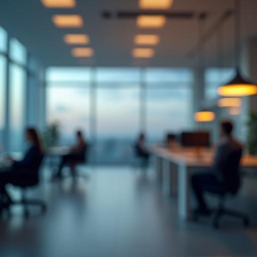 A modern office setting captured in soft focus. Warm ambient lighting enhances muted blue and gray tones. Subtle reflections of light. The image has a slight blur effect. The design appears minimalistic and professional with a depth-of-field focus on people.