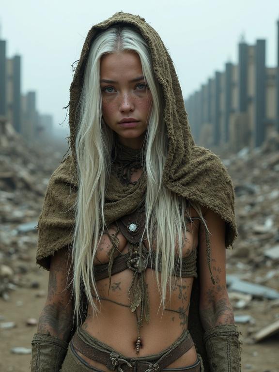 Photorealistic portrait of a tall albino huntress in a ruined city. She has long white hair covered in mud and camo netting hood. Her body is lean with tribal tattoos and survival gear made from scavenged materials. The background shows broken buildings and a dull sky. Captured in high detail with a cinematic style.