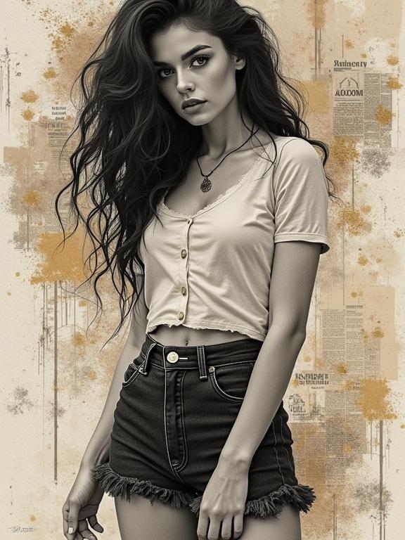 Close up portrait of a young woman with long hair. She has a direct look into the camera. Provocative pose, wearing a cropped shirt and high-waisted shorts. Background features mixed media elements like newsprint and textures. The style combines hyper-detail with strong contrast and a collage feel.