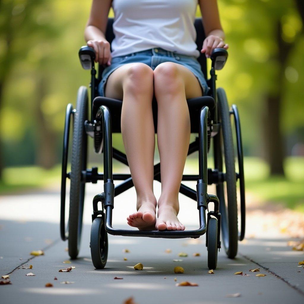 Woman in a sport wheelchair, barefoot, wearing pantyhose, in a park setting. Focus on wheelchair and feet.