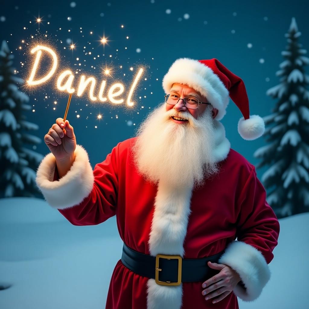 Jolly Santa Claus in a snowy landscape holding a magical wand with sparkles. He wears a classic red suit with white fur trim and a matching hat. Santa's eyes twinkle with joy. Behind him is a snowy scene with evergreen trees and a starry night sky.