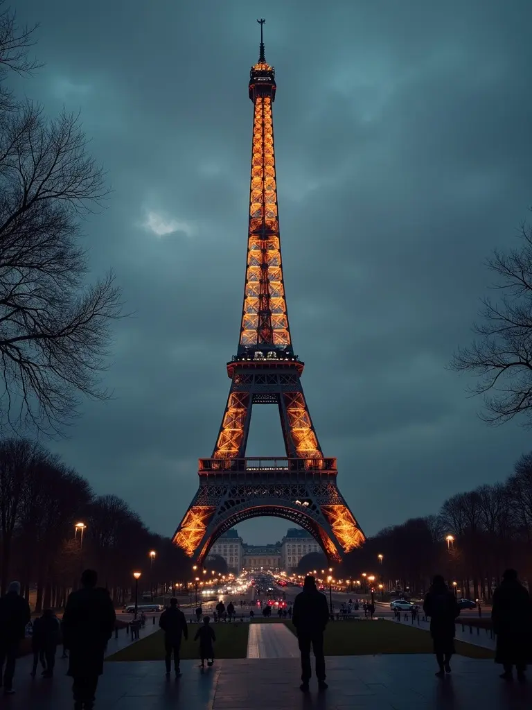 Eiffel Tower under dark clouds. People walking below. Tower lit with golden lights. Moody atmosphere.