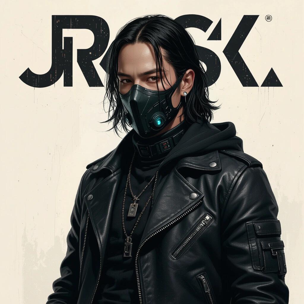 Portrait of a masked figure lounging in a crumbling tech warehouse. Figure wears a leather cyberpunk jacket. Impressive throne visible in the background. Dark atmosphere.