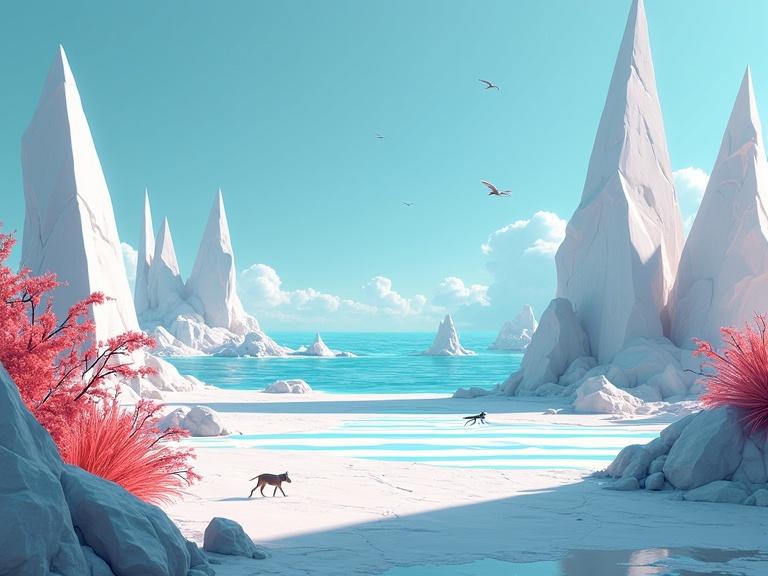A unique alien landscape featuring angular geometric formations in white and blue with hints of warmth. The scene includes a calm, striped land and water body, stylized red plants, and small dog-like figures. The sky has dark clouds and strong light illuminating the area.