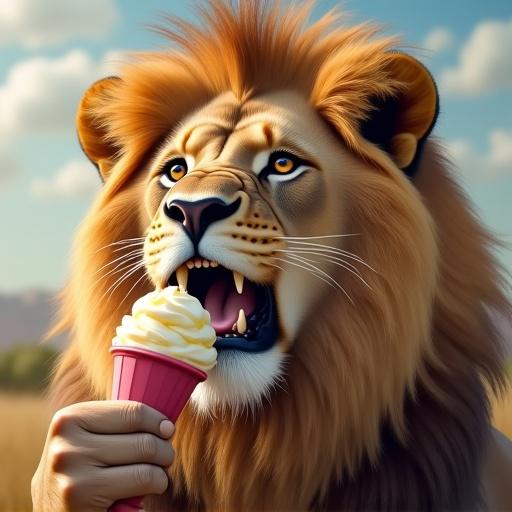 Illustration of a lion enjoying ice cream. Lion has a fluffy mane. Lion is brightly colored and expressive. Ice cream is in a pink cone. Setting is sunny with grass and trees in the background.