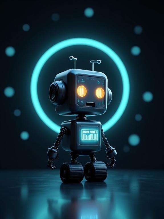 Minimalist logo design featuring a cute rectangular retro robot head with glowing neon outlines inside a circle. The robot has antennas on top, a body with bar charts, and extends its small feet past the circle. Background is soft black with spotlight lighting.