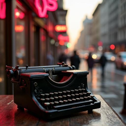 Close-up of a vintage typewriter on a sunlit wooden desk. A rainy city street at dusk with neon signs reflecting on wet pavement.