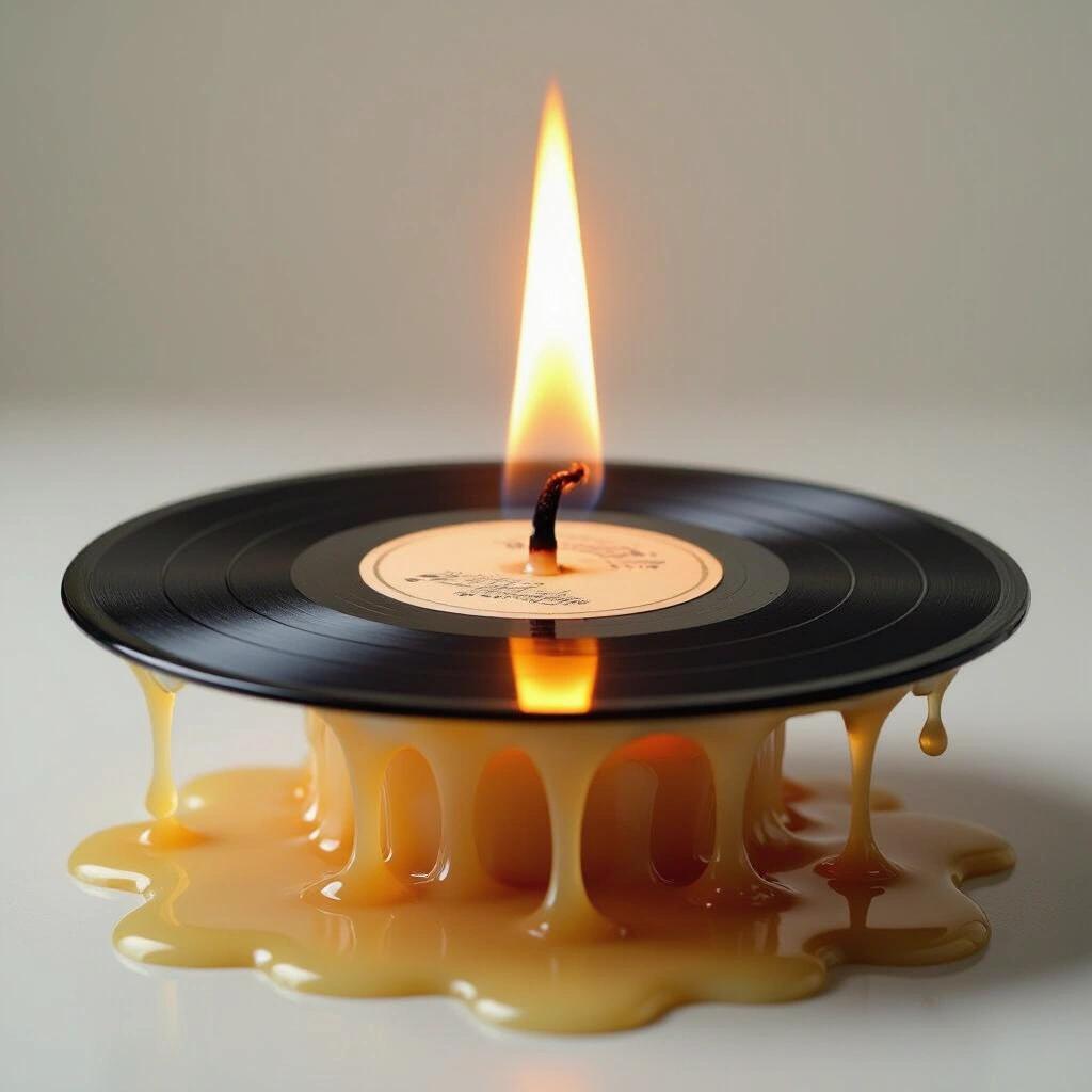 Vinyl record set on a table. Candle flame flickers at center. Wax drips from edges of record. Warm lighting creates a cozy atmosphere.