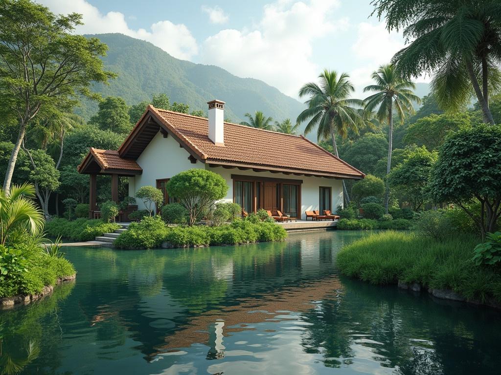 The image depicts a beautiful house set in a lush green landscape. The house features a traditional architectural style with a rich brown tiled roof and white walls. A calm body of water reflects the house, enhancing its beauty. Surrounded by various types of trees and tropical plants, the environment feels serene and inviting. The sky is partly cloudy, casting a soft light over the scene, which adds to the overall tranquility of the place.