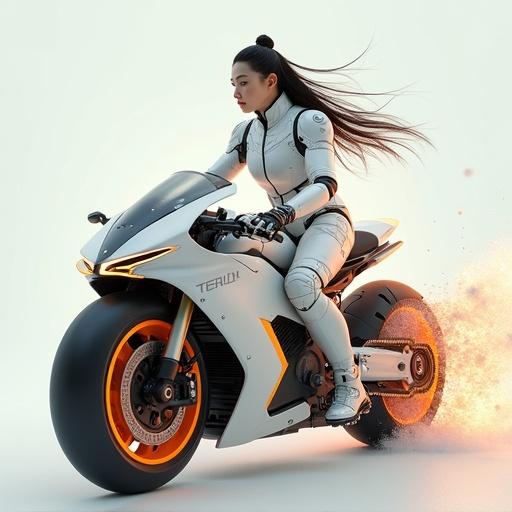 Elite warrior of Silla Dynasty on a futuristic motorbike. Powerful and elegant character design. Fusion of white and orange colors with cybernetic textures. Symbolizes cultural evolution in the AI era. No text.