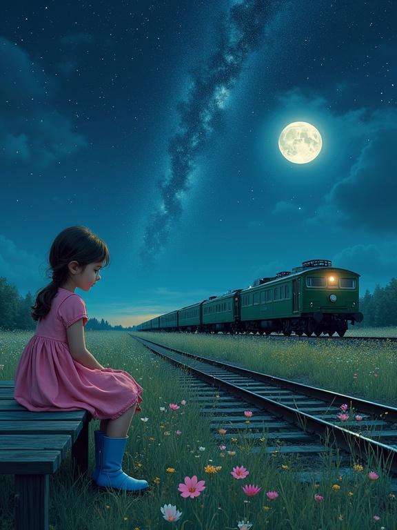 A dreamy surreal night scene with a young girl in a pink dress sitting on a wooden platform beside railway tracks. A green train approaches slowly under a star-filled sky with a full moon illuminating the field of wildflowers. The Milky Way is visible in the background creating a sense of wonder and solitude. The atmosphere feels calm and introspective as if waiting for something greater than the physical journey.