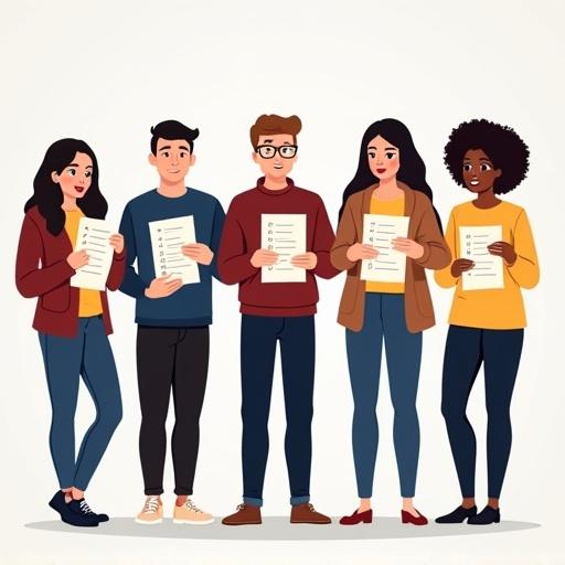 Illustration depicts five individuals of varied ages genders body shapes and ethnicities each holding a voting ballot for a club election. Each ballot displays a list of names for roles—President VP Secretary with one name checked. Different holding styles shown among individuals. Color palette features navy blue maroon and pale yellow.