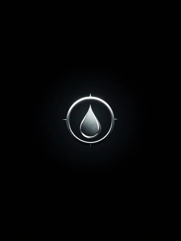 A circular silver logo symbol with a water drop. Fantasy style. Black background. High quality and clean lines. No text.