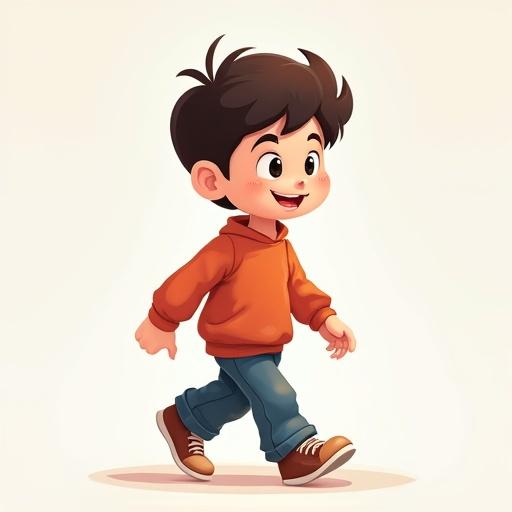 2D anime boy character walking with a cheerful expression. He wears an orange hoodie and blue jeans. Brown shoes complete his look. The background is simple with soft colors.