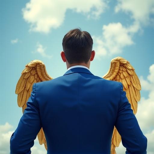 View from behind of a businessman in a royal blue suit with golden wings. Appears to look up at the sky. Features not visible.