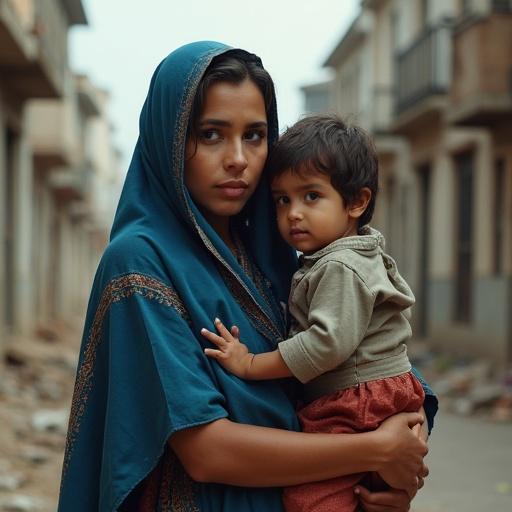Realistic portrait of young Middle Eastern mother holding child. Urban background shows bombed buildings and debris. Cinematic atmosphere with traditional clothing in blue and red colors. Intense peaceful expressions with natural light highlighting features. Well-defined hands and balanced composition.
