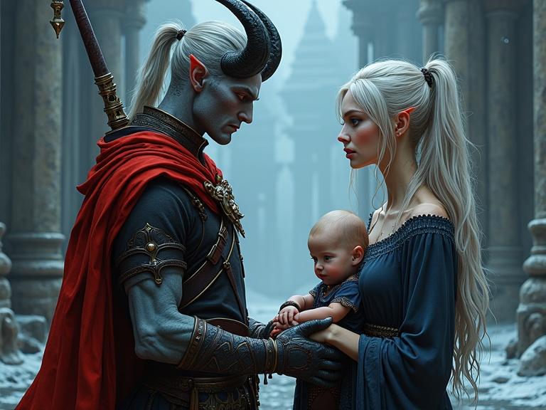 Comic-book-style digital illustration of three characters. Tall male tiefling has ash-gray skin and amber eyes with long silver hair and curved horns. Female human has long ash-blonde hair and deep green eyes wearing an ash-blue dress. Newborn baby has short ash-blonde hair. Illustration features bold ink outlines and stylized depth of field. Soft cold lighting creates a night atmosphere with detailed textures.