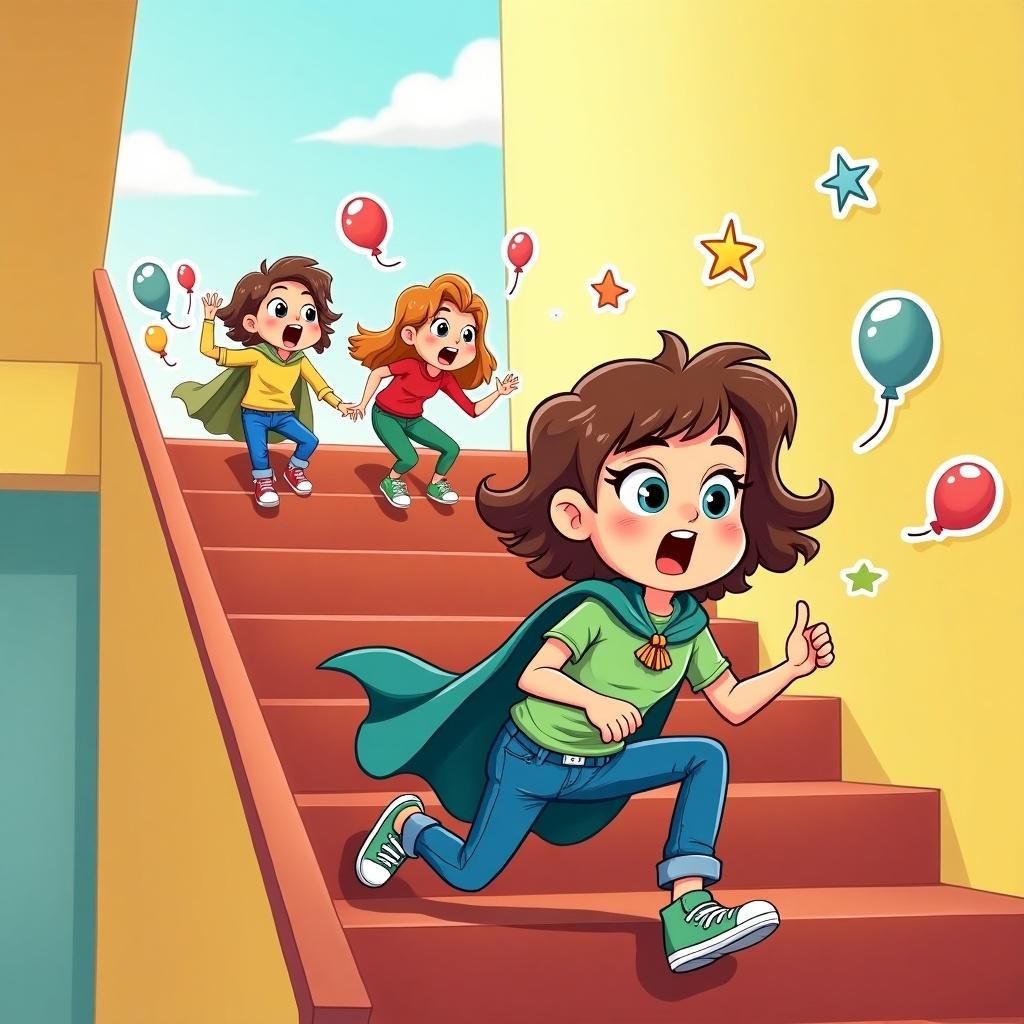 A cartoon scene with a girl named Amy sliding down stairs. She looks surprised. Amy wears a teal cape and casual clothes. Three quirky characters follow her with mixed emotions. Background is bright and cheerful with stars and floating balloons. This scene is playful and humorous, suitable for kids.