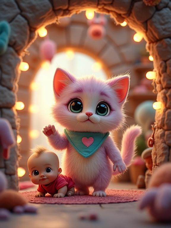 A cozy and whimsical home for a kitten. A fluffy anthropomorphic kitten with pastel pink and lavender fur gestures proudly. A baby in a red onesie crawls in with wide-eyed wonder. The space is safe and warm with soft fabrics and fairy lights.